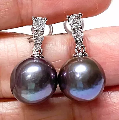 Wonderful Huge 11mm Edison Natural Purple Black Blue Round Pearl Dangle Earrings • $69.99