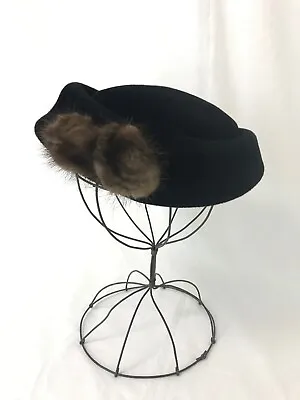 Vtg Womens Black Pillbox Hat Fur Felt Wool W/ Brown Mink Accents 1940s 1950s 60s • $39.99
