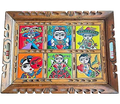 FRIDA KAHLO Carved Wood Tray & 6 TALAVERA 4” Tiles MADE In Mexico. • $100