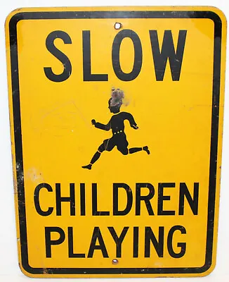 Vintage MCM  Slow Children Playing  Wood Street Road School Sign Yellow 18 X 24 • $199.99