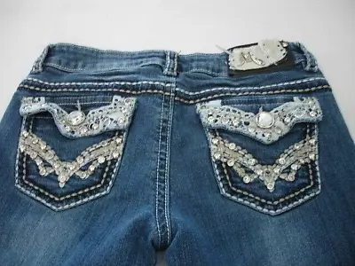 MISS CHIC USA Denim Women's Crystals Rhinestones Low Rise Boot Cut Jeans Size 9 • $31.95