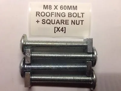 M8 60mm Roofing Bolts + Square Nuts Cross Slot Mushroom Head X 4 • £3.40