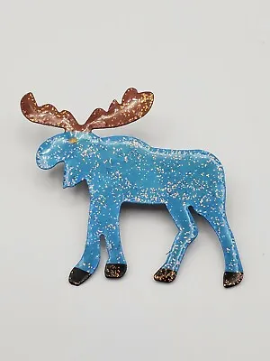 Blue Brown Glittery Metal Moose Brooch • $12.99