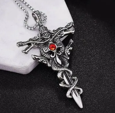 For Men Stainless Steel Vintage Punk Gothic Sword Dragon Pendant Necklace Chain • £6.49