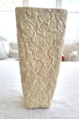 Unique Square Stoneware Rose Embossed Vase Off White Tall 9  Table Centerpiece • $24.50