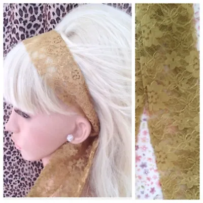 GOLD FLORAL LACE 50s VINTAGE STYLE HEAD SCARF HAIR BAND SELF TIE BOW 80s RETRO • £4.50