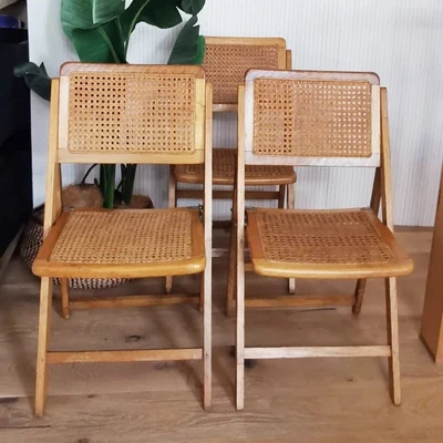 $560 • Buy Trio Of Wooden Folding Chairs With Wicker Rattan Seats