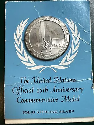 $8 • Buy UNITED NATIONS 25th Anniversary  .925 Fine SILVER MEDAL Gem Proof