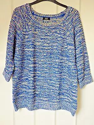 Womens Ladies Tape Yarn Jumper Blue/multi 3/4 Length Sleeves  Sz14 Vg Cond • £4.80