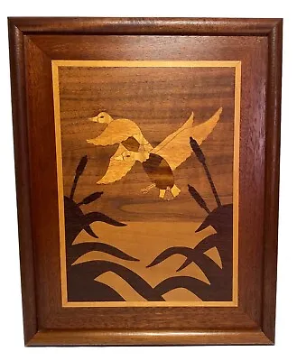 Vtg 70s Flying Ducks Over Pond Inlaid Marquetry Wood Art Handcrafted USA Hunting • $34.99