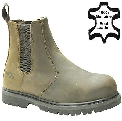 Mens Leather Dealer Pull On Safety Chelsea Boots Work Steel Toe Cap Shoes Size • £28