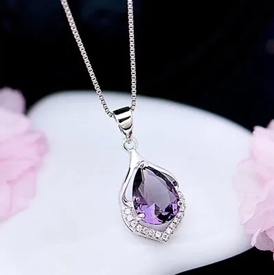 £3.79 • Buy Crystal Amethyst Pendant Chain Necklace 925 Sterling Silver Women's Jewellery Uk