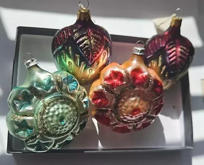 Vintage Christmas Glass  Ornaments Lot Of 4 Blue Red Gold Strawberry Shaped  • $23