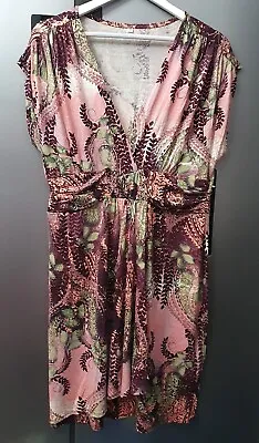 Ladies Wrap Knee Length Dress Short Sleeve V Neck Botanical Pink Green UK 16  • £23.99
