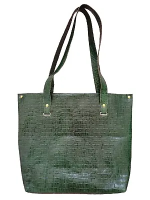 Atelier V Cuir Womens Shoulder Croc Embossed Forest Green Leather Tote Bag • $25