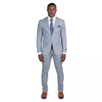 Slim Fit Pinstripe Mens Suit Silver Grey Purple Line 2 Button Notch Lapel AZAR • $99