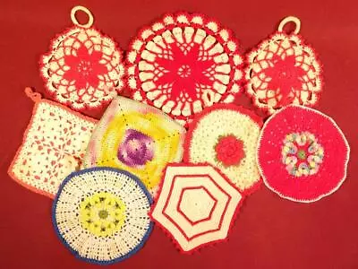 Vintage Colorful Hand Crocheted Red Rose Floral Doily Hot Pad Lot • $9.85