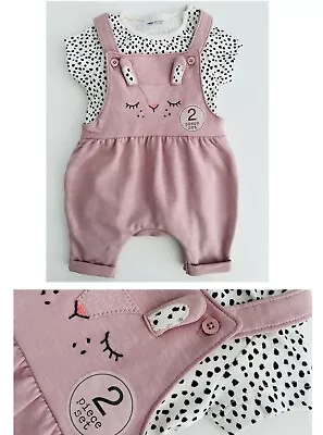 Baby Next Dungaree Set 2 Piece Bodysuit Pink Bunny Rabbit Easter Summer Outfit • £7.95