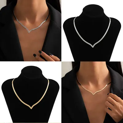 Clavicle Necklace Women Punk V-Shaped Simple Jewelry Ins Copper Flat Snake Chain • £3.66