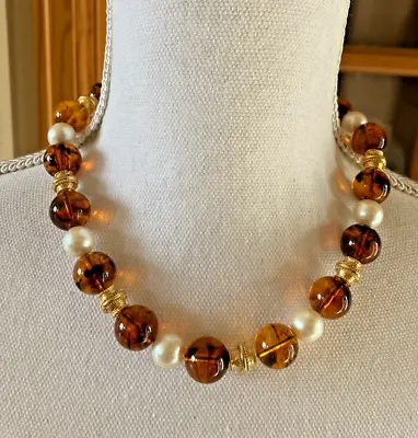 Vintage Baltic Amber Faux Pearl Bead Necklace With Gold Tone Ornate Spacers 17  • $33.99