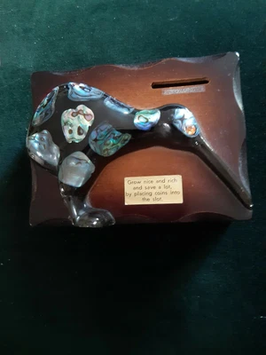  NZ Vintage Wooden Money Box With Paua Shell Kiwi. • $30