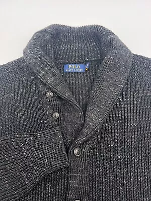 Polo Ralph Lauren Sweater Mens Large Dark Gray Cardigan Shawl Ribbed Long Sleeve • $52.99