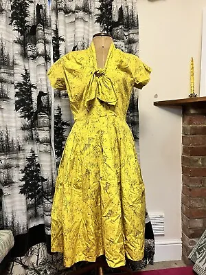 Vintage Novelty Print Horrockses 50s Dress  Yellow Black Goodwood Revival Party • £88