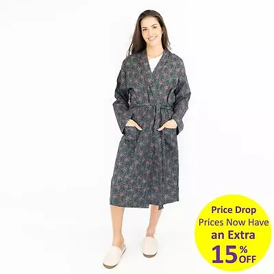 Seasalt Dressing Gown Womens Pottering Teal Floral Belt Pockets Cotton Medium • £25.46
