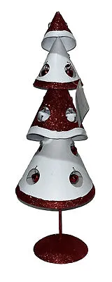 Christmas Tree Farmhouse Red & White Glitter Metal Tabletop Decor 16.5” New • $29.99