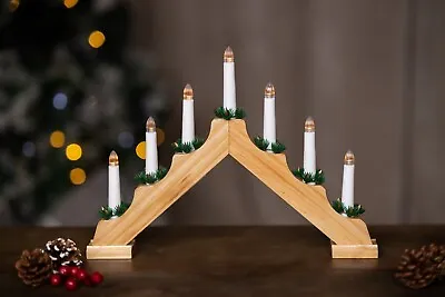 Christmas Candle Bridge 7 Bulb Home Decor Wooden Arch Light Xmas Window Natural • £11.99