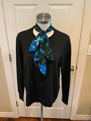 J. Crew Black Thin Knit Sweater W/ Blue Floral Tie Neck Size L • $30.20