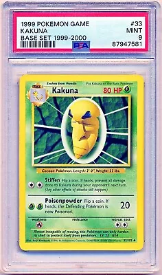 1999 Pokemon Base Set Kakuna 1999-2000 UK 4th Print #33 PSA 9 - POP 27 • $27.95