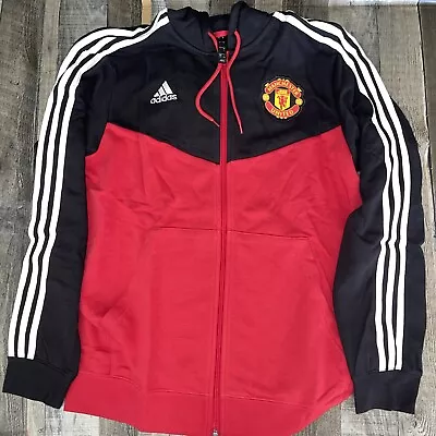 Men's Black Red Adidas Manchester United 3-Stripe Full-Zip Hoodie Jacket • $79.99