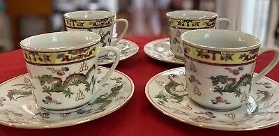 Vintage ZHONGGUO JINGDEZHEN Porcelain Dragon Tea Cups & Saucers Serves Four (4) • $30