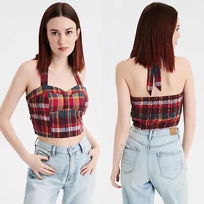 American Eagle Red Multicolor Plaid Bustier Cropped Halter Top Size Medium • £21.21