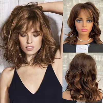 Medium Wavy Dark Brown Mix Human Hair Blend Heat Ok Wigs Women Natural Soft • $24.19