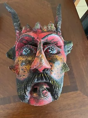 Vintage Mexican Mask Folk Art Hand Painted Wood Devil Horns Smoking A Cigarette • $38