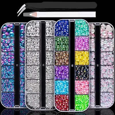 4 Boxes Flat Back Rhinestone&Pearls Kits Flatback Round Glass Clear Gems+Colorfu • $19.99