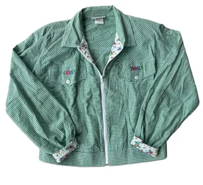 VTG Lucia Gingham Zip Up Jacket Blouse Green Floral Embroidered Cottagecore Sz 8 • $18.98