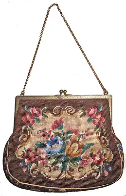 ANTIQUE 1930's NEEDLEPOINT PETIT-POINT TAPESTRY PURSE With BRASS FRAME & CHAIN! • $29.99