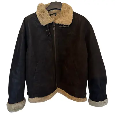 Vintage Aviator Mens B3 Flight Black Leather Sheepskin Shearling Biker Jacket • £100