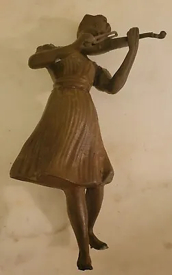 Vintage Cast Bronze Girl Playing Violin 8  Tall Missing Stand • $65