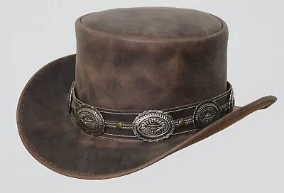 Distress Brown Top Hat Leather Pale Rider Western Steampunk Hat Motorcycle Hats • $83.55