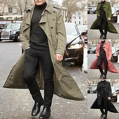 Men's Classic Lapel Long Trench Coat Jacket Windbreaker Outwear Casual OvercoatA • $21.96