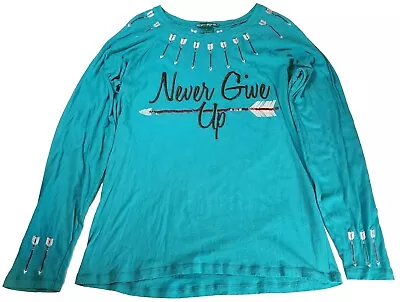 Cowgirl Tuff Co. Blue Never Give Up Long Sleeve Embroidered Shirt Women's Large • $16