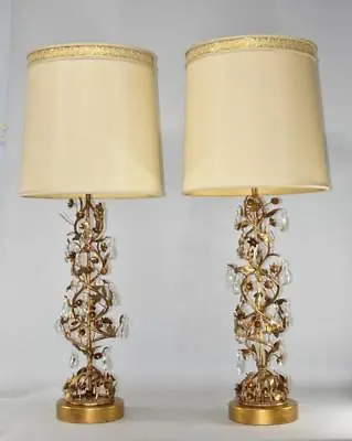 Pair Mid Century Modern Marbro Italian Tole Gilt Crystal Floral Vine Lamps • $495