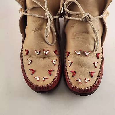 Moccasin Indian Boots With Beads And Thread Laces With Wood Bottoms Men Size 6 • $100