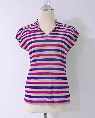 PLEATS PLEASE ISSEY MIYAKE Top Multicolor Pleated Short Sleeve Striped Size 3 • $89.99