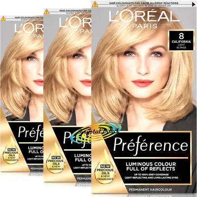 3x Loreal Preference 8 California LIGHT BLONDE Permanent Hair Colour Dye • £35.99