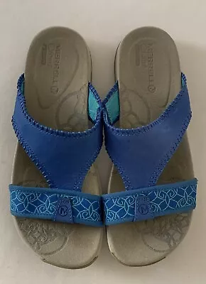 Merrill Women’s Victoria Blue Slides Leather Size 8 Q-Form Sandals Slip On • $24.95